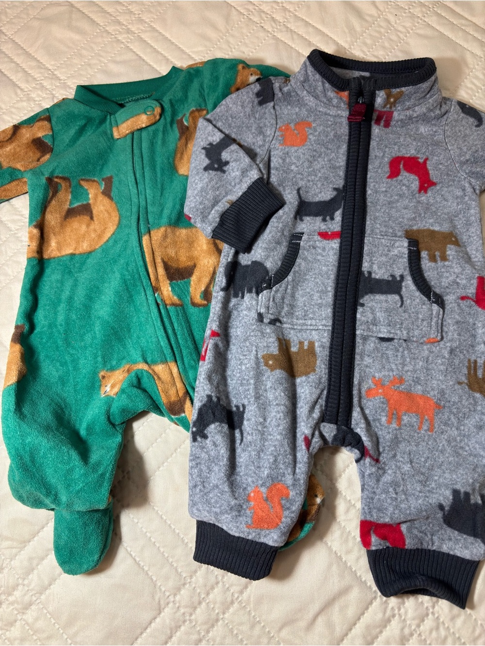 Carter’s Newborn Gray & Green Animal Print Fleece Onesies